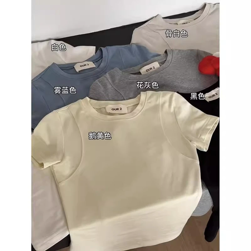 压线正肩T恤女收腰显瘦紧身圆领体恤上衣夏季新款洋气修身短袖潮