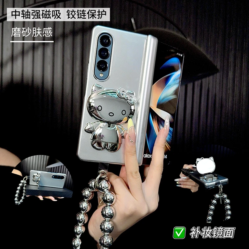 适用三星zfold4手机壳中轴新款w23套galaxy蝴蝶kt镜子带支架女款z