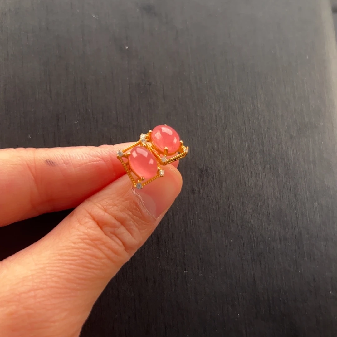 银S925镶嵌菱锰矿（红纹石）耳钉