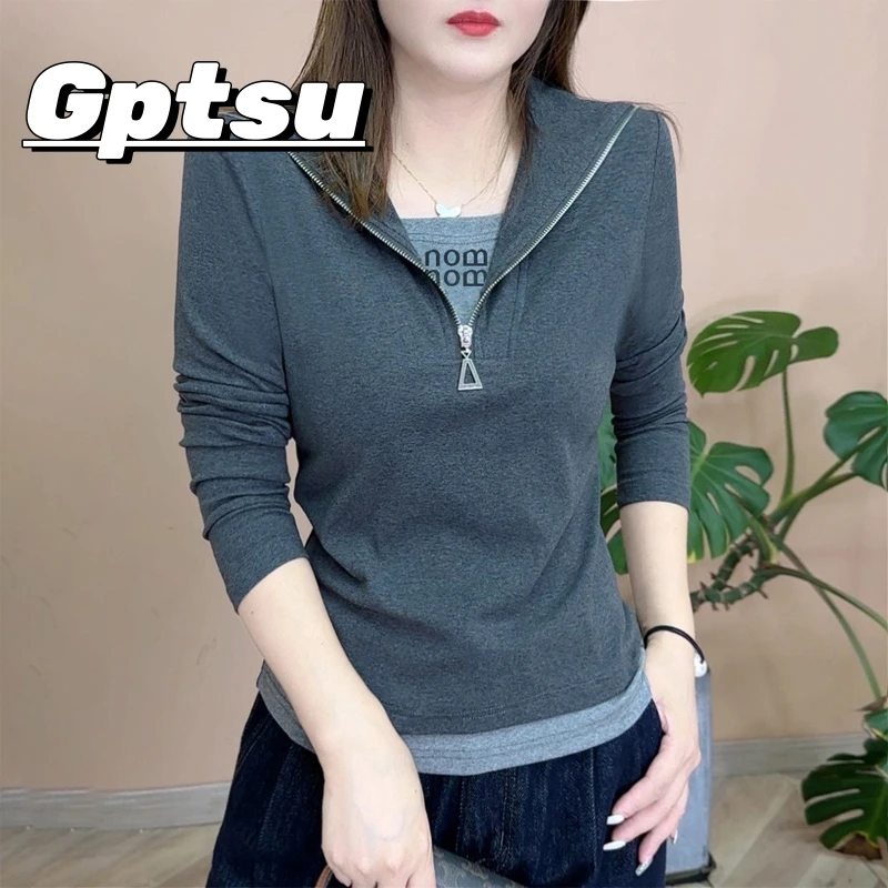 GPTSu2025秋季时尚百搭气质显瘦洋气半拉链打底女士假两件上衣
