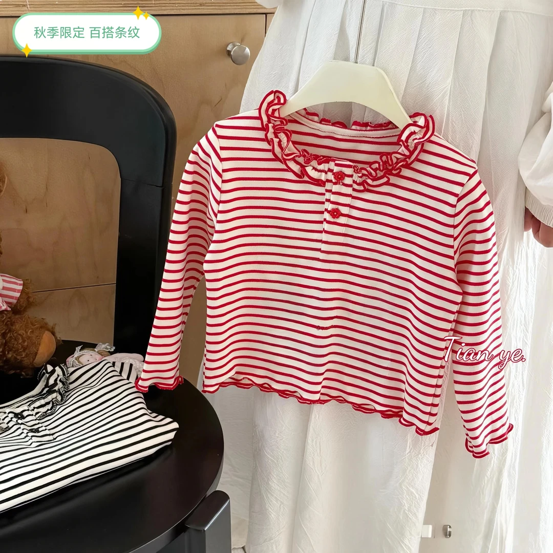 2025秋季新款女童韩版条纹百搭长袖打底女宝花边领洋气打底上衣