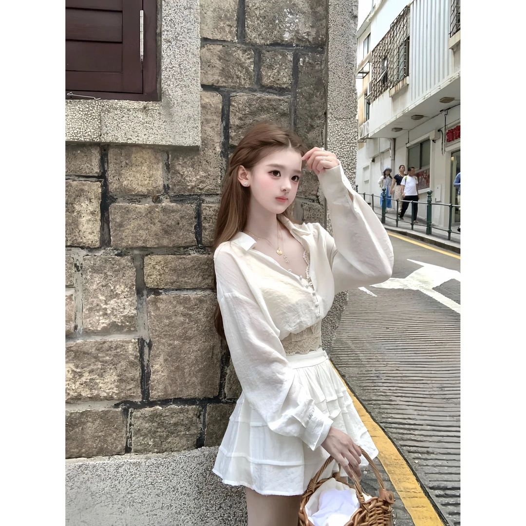 蔚蓝晚风 夏季新款纯欲气质薄款微透防晒衬衫上衣内搭半身裙套装