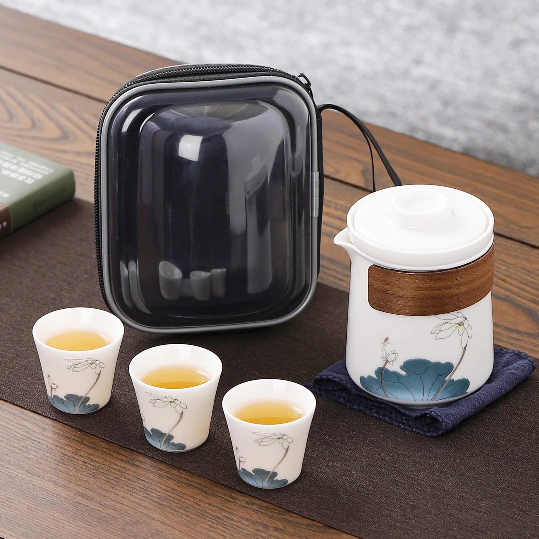 羊脂玉旅行茶具快客杯便携式户外单人泡茶壶陶瓷功夫一壶三杯露营