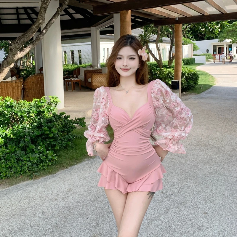 大码胖MM连体泳衣高颜值洋气纱袖纯欲风保守显瘦遮肚温泉度假装