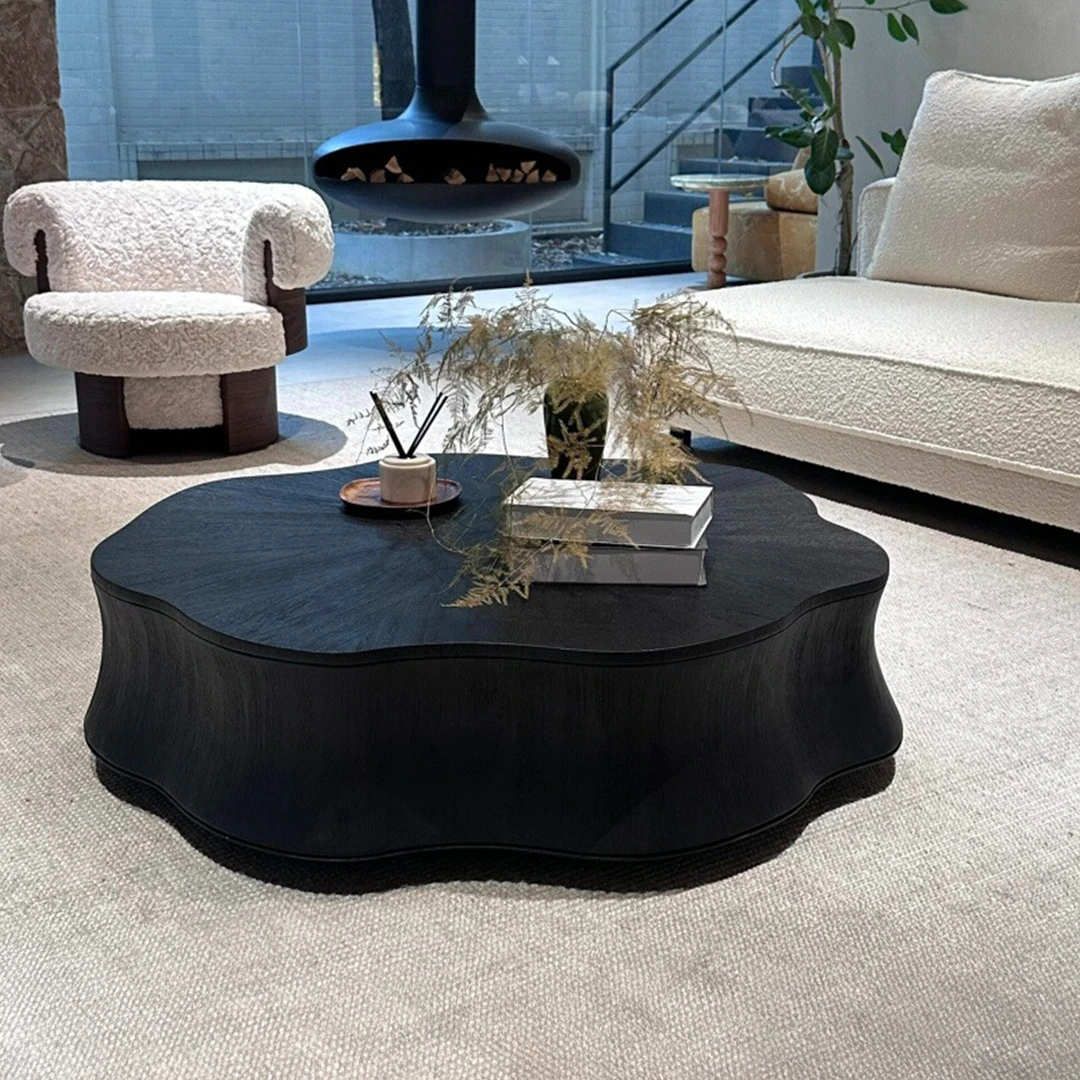 意式极简异形烟熏木纹睡莲茶几黑色云朵花瓣小众设计师中古风茶桌