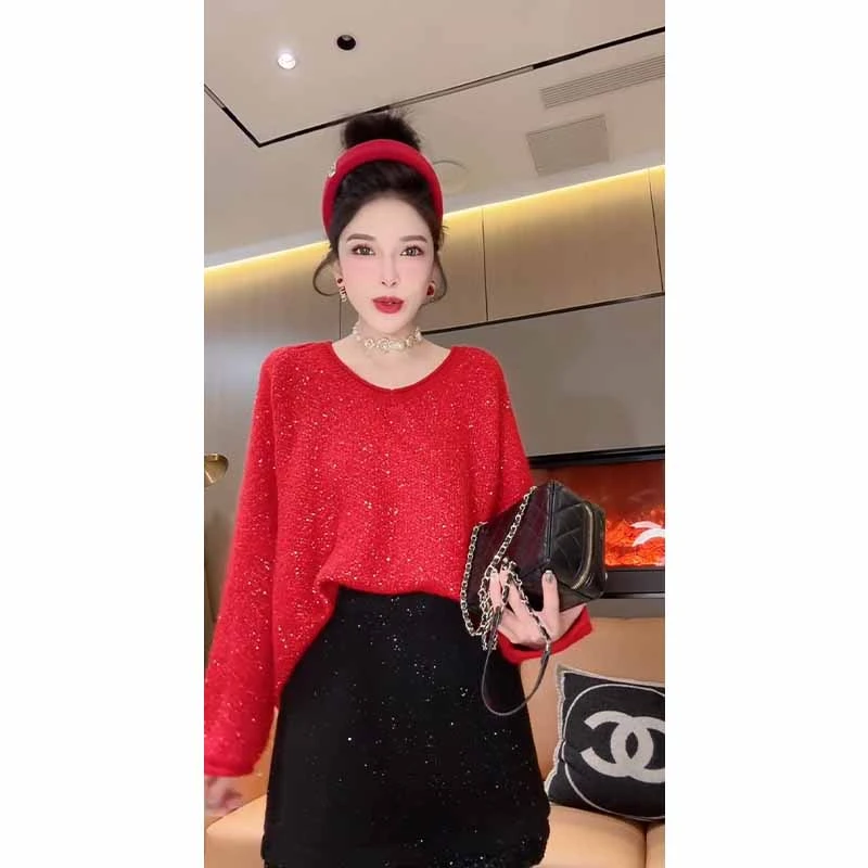慵懒风V领重工亮片毛衣女欧货新款宽松显瘦气质百搭针织衫