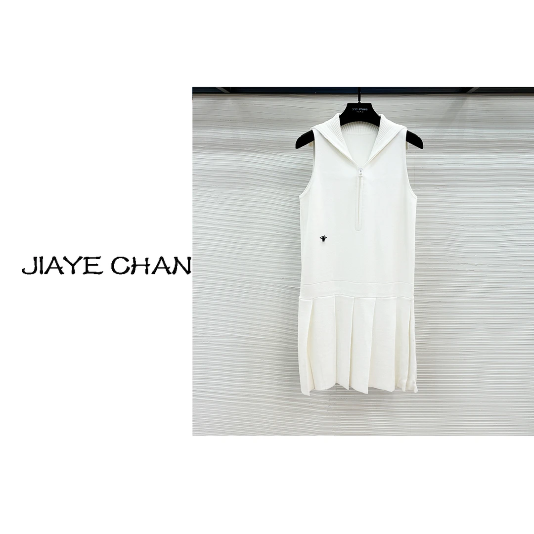JIAYE CHAN白色翻领无袖百褶连衣裙