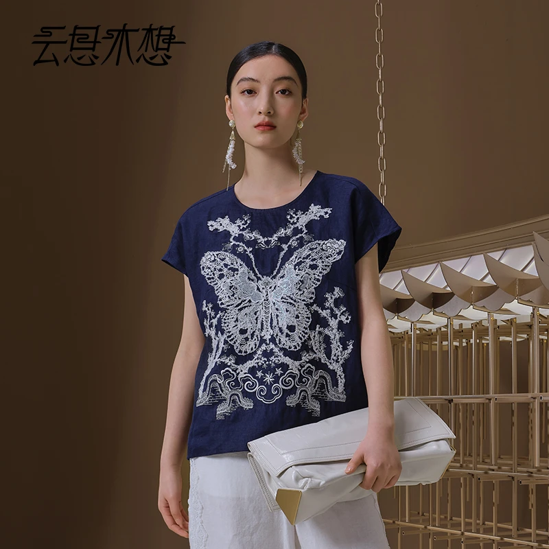Ysimo-X云思木想 岭南梦居 重工裁片绣花100亚麻连肩袖T恤12933