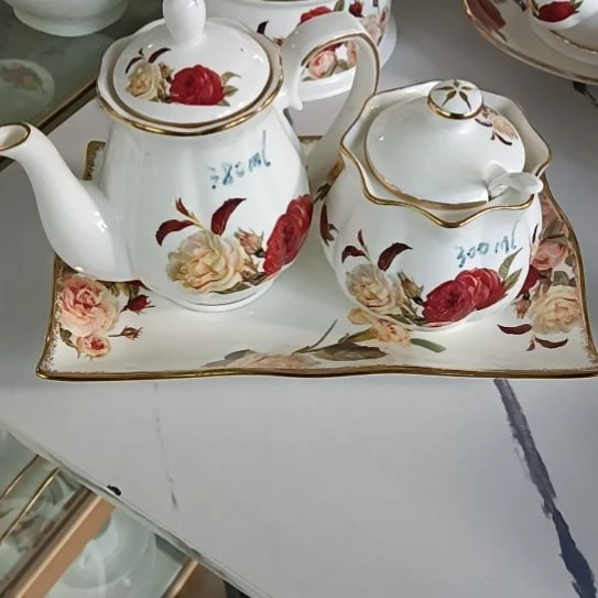 新疆西藏包邮骨质瓷金秋玫瑰手工拍金刮金醋壶辣子罐底盘