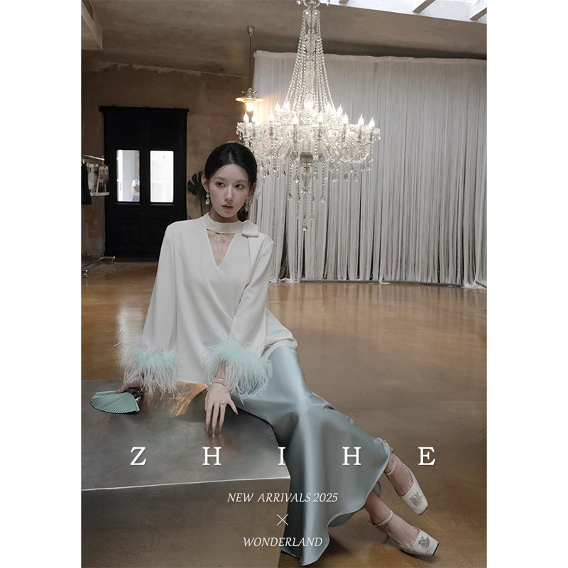 无艳一禾【阑瑾】静奢细腻雪纺鸵鸟毛上衣+缎面半裙