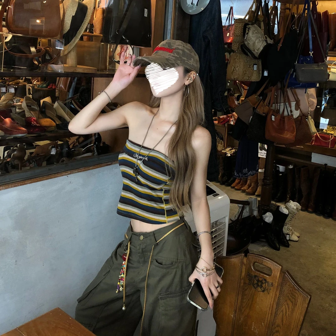 潮牌辣妹风条纹抹胸背心女夏季新款拼色设计感显瘦百搭露背上衣