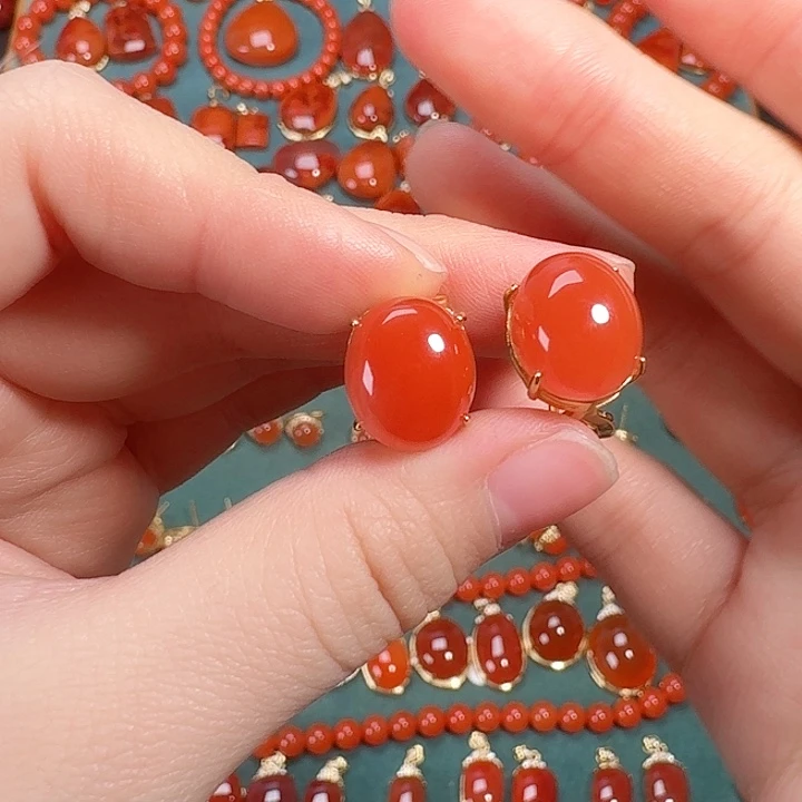 南红玛瑙银S925镶嵌耳饰