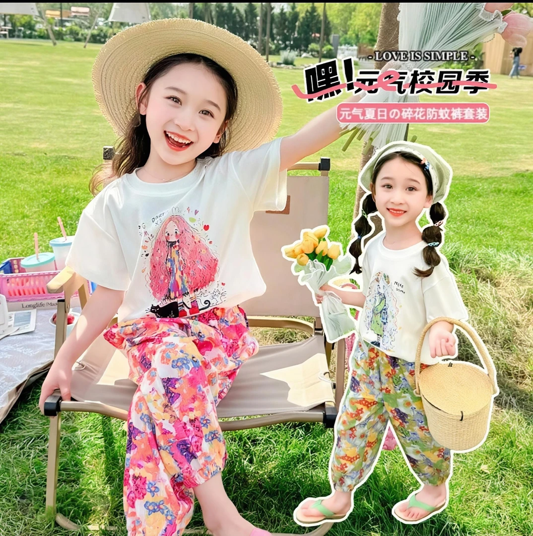 女童夏季套装儿童新款甜美碎花清新短袖裤子两件套