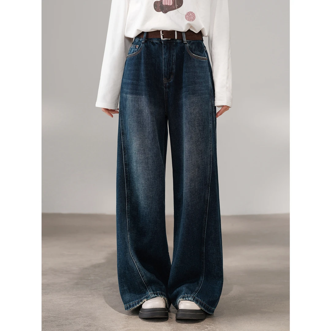 木易易水洗蓝高腰牛仔裤女2025新款冬季小个子气质百搭直筒阔腿裤