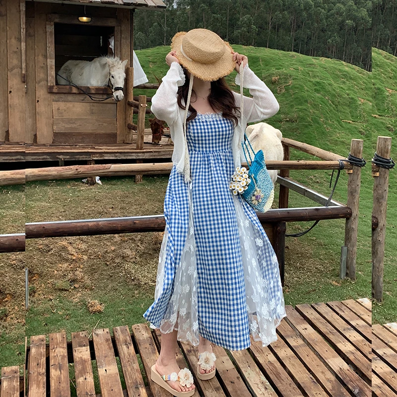青苍【雨棠酌春】大头婷微胖春夏格纹拼接蕾丝吊带连衣裙A字长裙