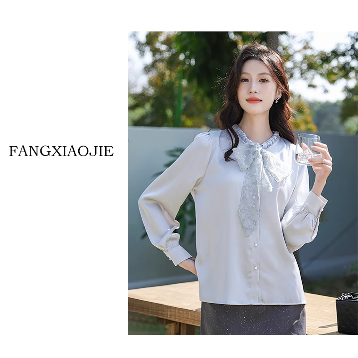 春季新款系带圆领长袖衬衫女25气质通勤百搭纯色法式开衫上衣