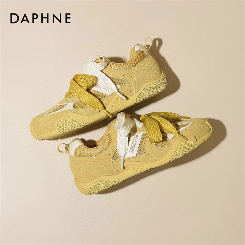 达芙妮2025新款黄色德训鞋女款爆款女鞋子平底网面透气薄款阿甘鞋