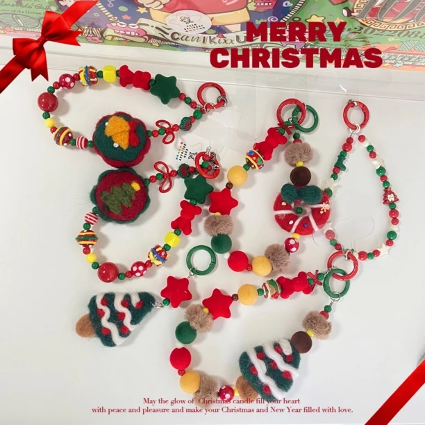 创意彩色圣诞树羊毛毡手机链重工手绘珠包包挂件圣诞节礼物