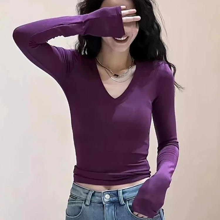 纯欲风短款领长袖恤内搭打底衫女2025新款早秋修身显瘦性感上衣