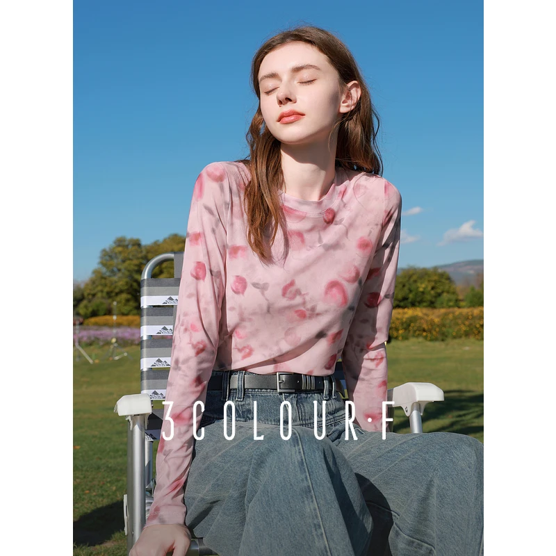 三彩独醒2025春季新款网纱印花T恤圆领正肩长袖上衣内搭修身F