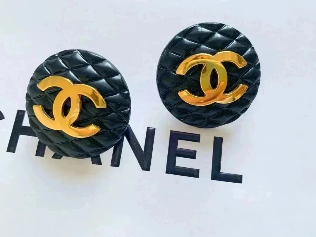 95新 Chanel/香奈儿 Chanel vintage香奈儿中古黑金菱格耳夹