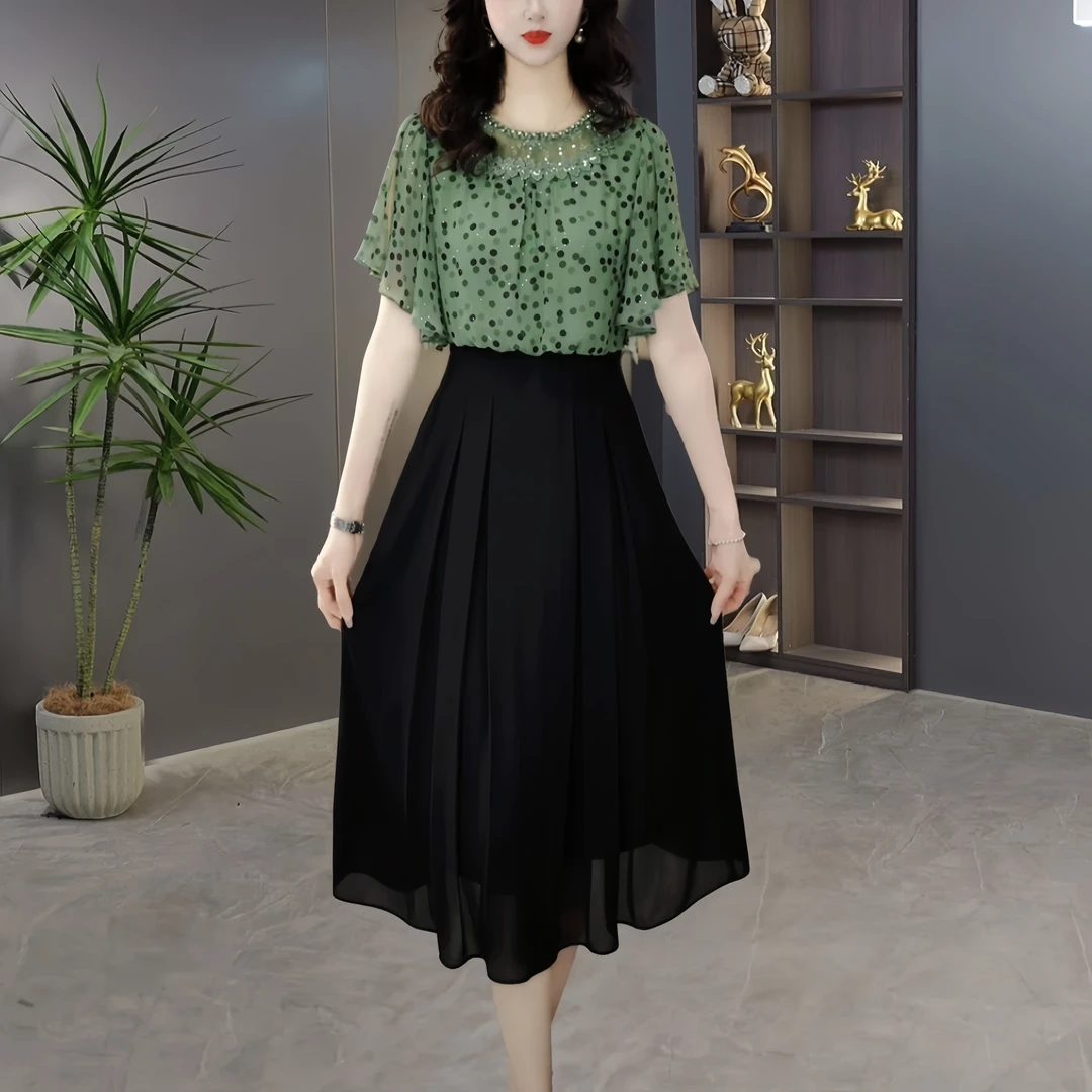 【启慕原版】夏季薄款显瘦连衣裙假两件减龄时尚收腰中长款洋气拼接