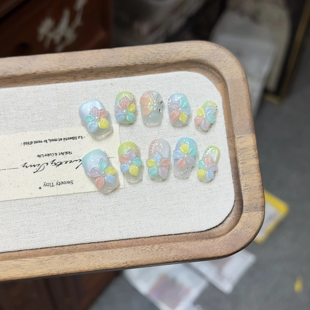 【五色花】纯手工穿戴甲气质穿戴式梯形光疗甲美甲师春夏新品