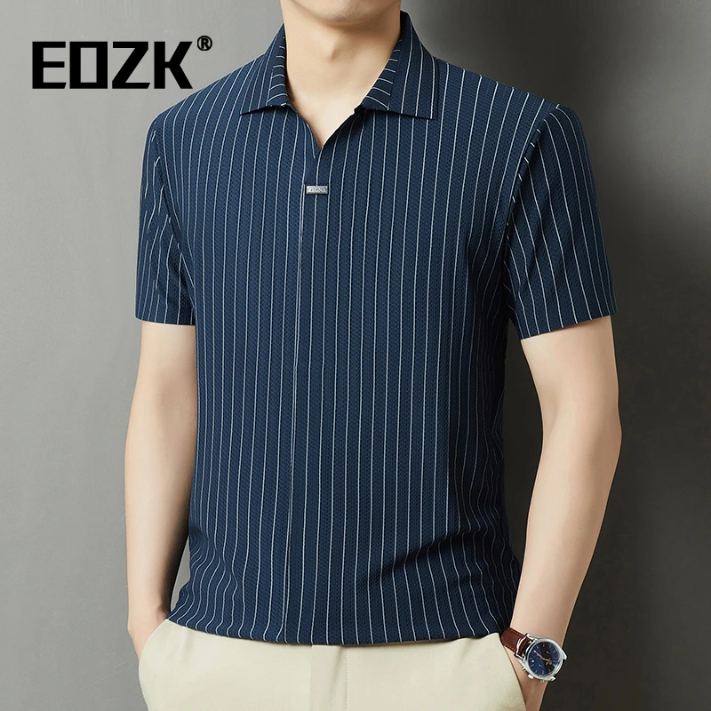 Eozk夏季休闲男士衬衫领冰丝短袖t恤中青年薄款条纹半袖polo衫潮