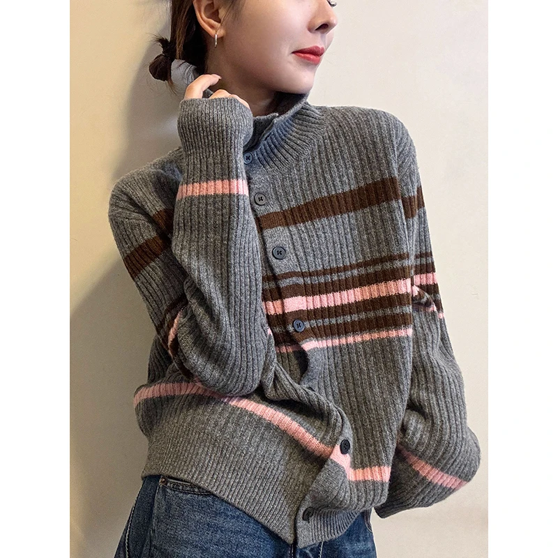 撞色条纹针织开衫女冬季新款毛衣大码宽松显瘦遮肚子减龄时尚上衣