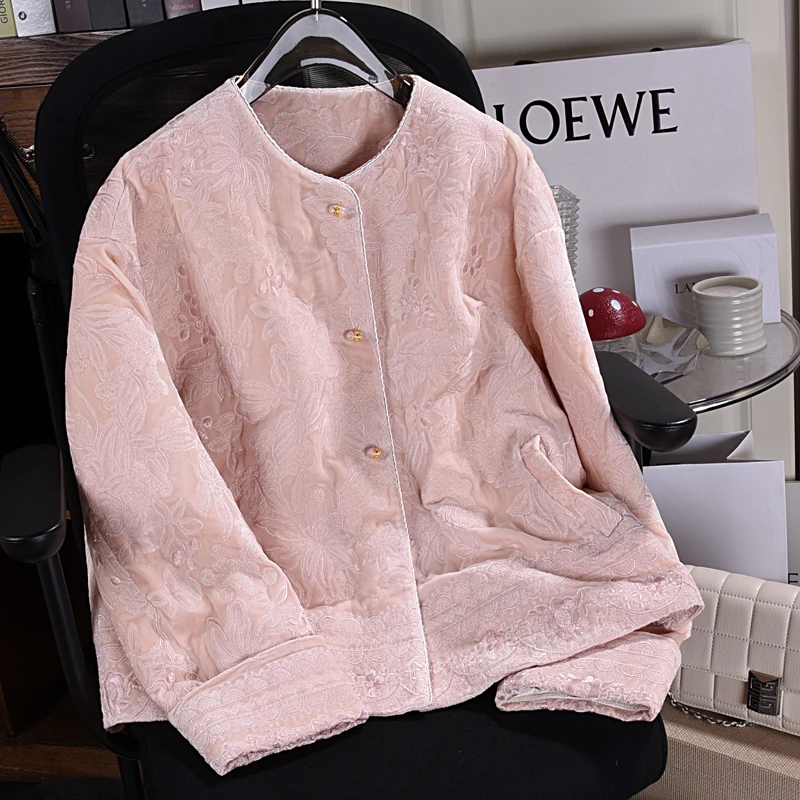 羽绒服厚款女长袖冬季真丝丝绒重工刺绣口袋保暖新中式外套