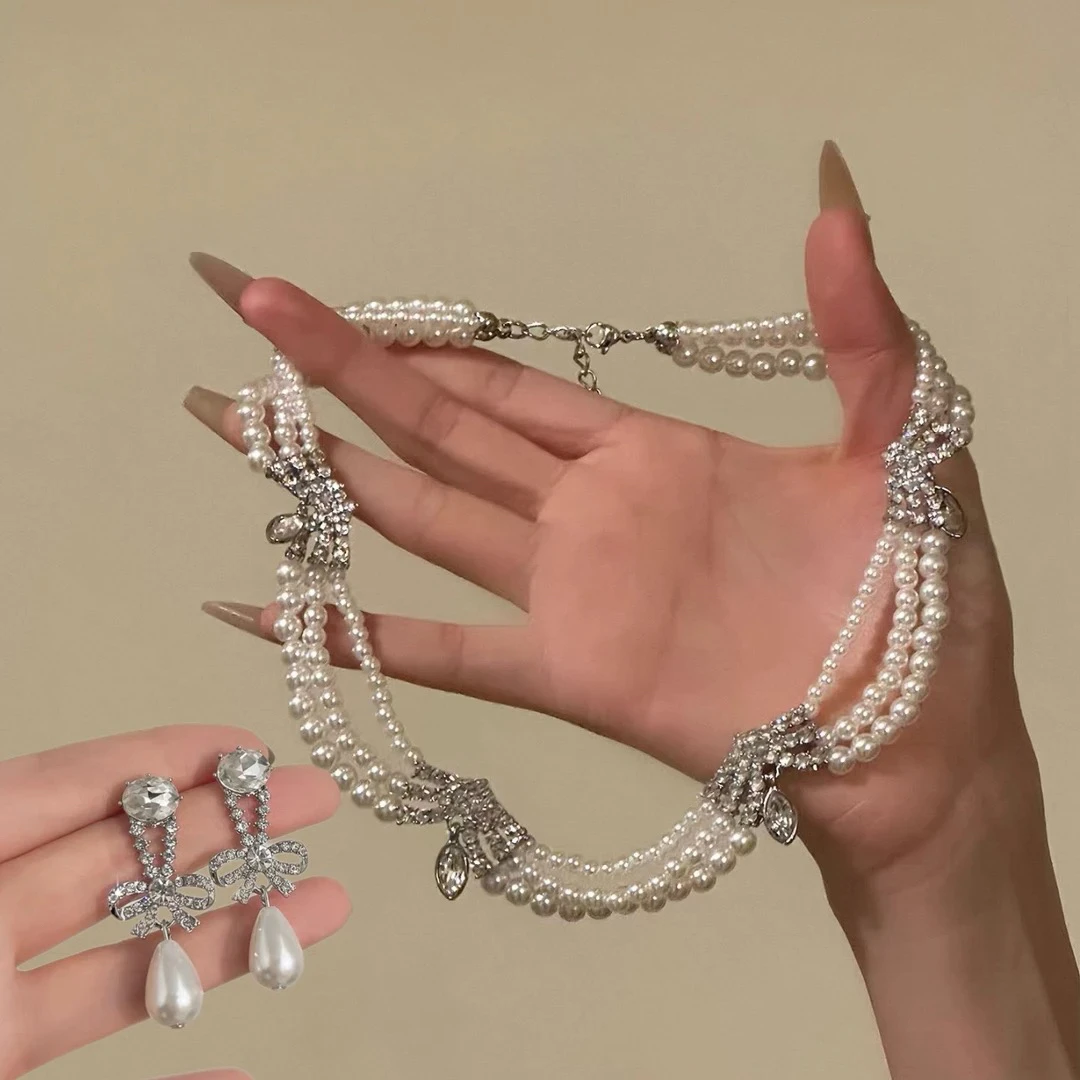 合金仿珍珠项链 2978多层珍珠项链叠戴镶钻水滴高级感轻奢小众