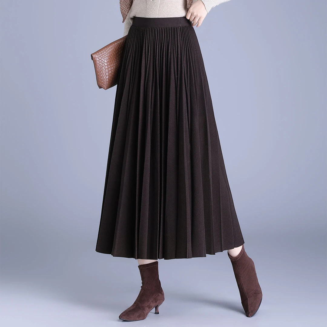 百搭半身裙女2025秋冬新款厚款高腰松紧腰a字百褶中长款韩版裙子