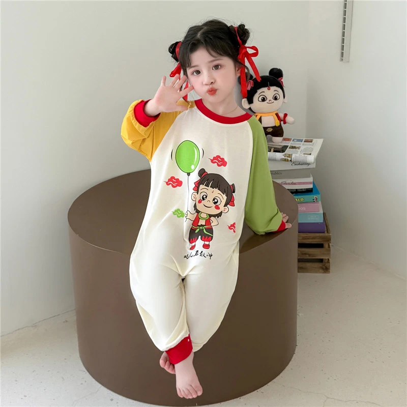 女童连体睡衣女孩夏季薄款莫代尔长袖女宝空调服夏款儿童连身睡袋