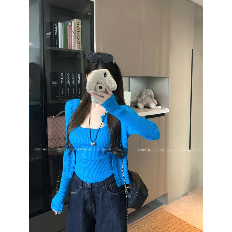 韩系纯欲辣妹针织吊带开衫两件套女2025新款百搭修身显瘦气质上衣