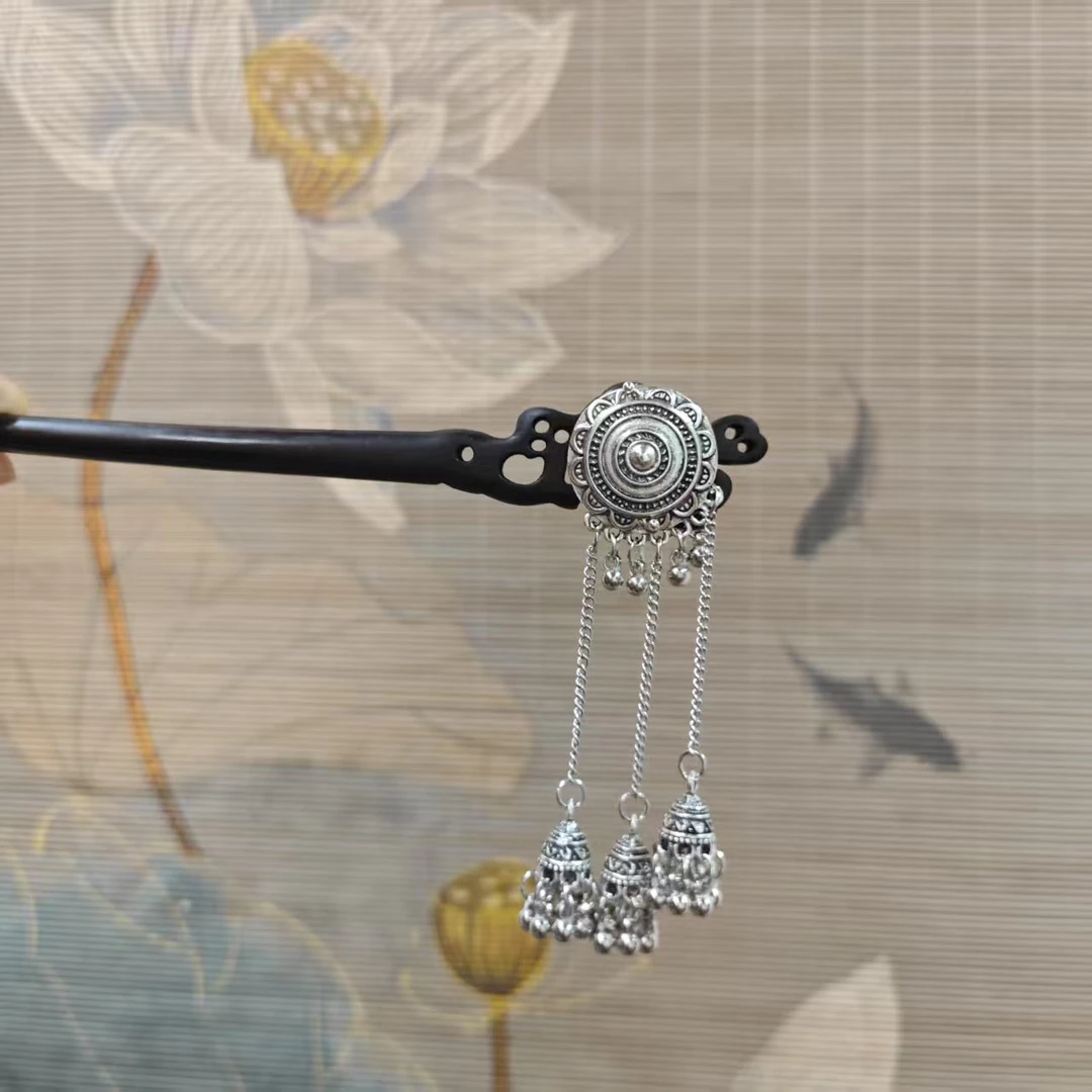 J501银色铃铛18公分发簪手工头饰发饰中式国风簪子百搭木发簪