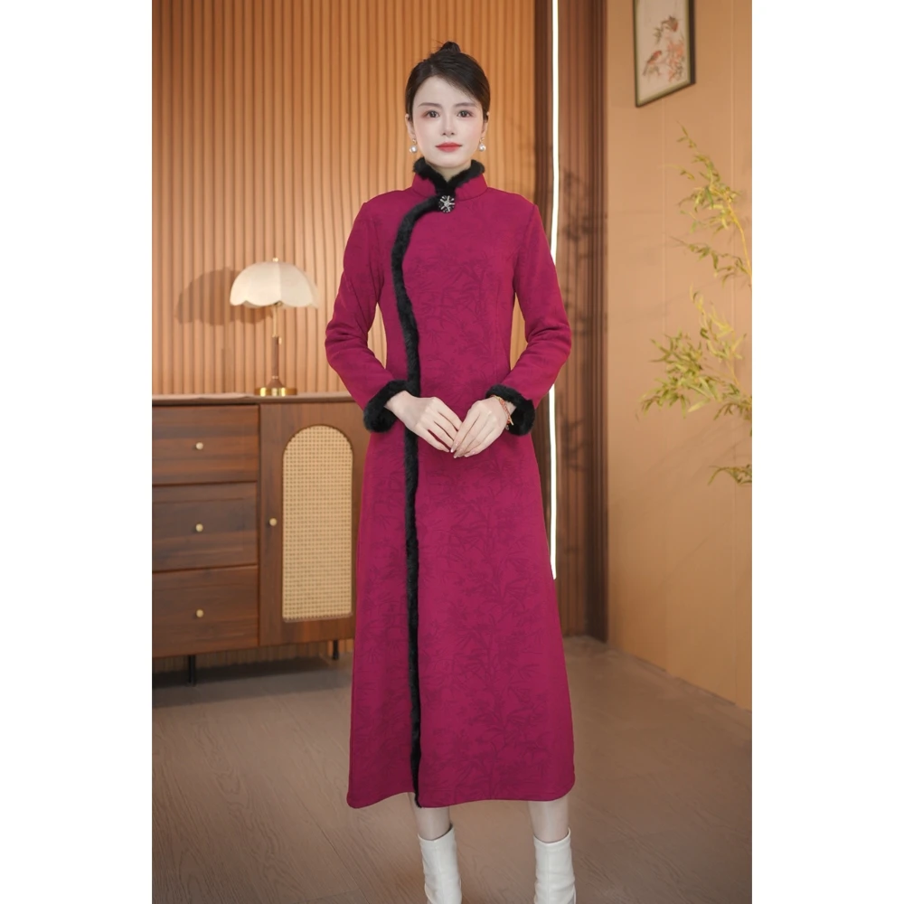 【迎福】衣长120新款冬款加绒复古中长高档文艺旗袍连衣裙