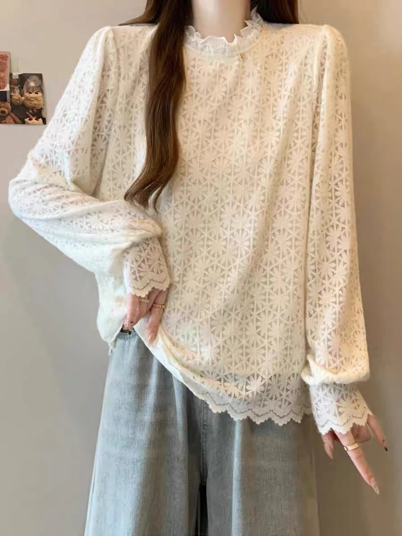 【85230】纯#木耳边蕾丝百搭宽松上衣