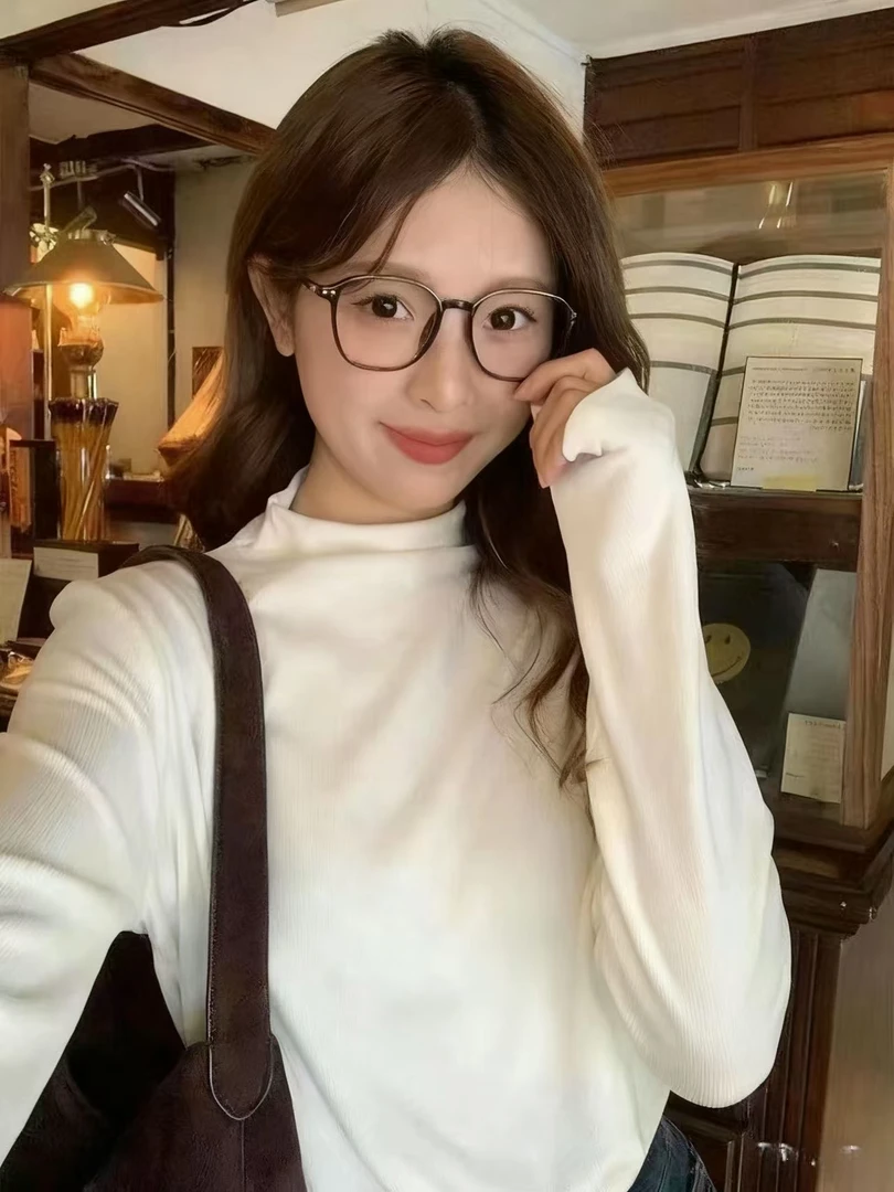 加绒半高领打底衫女秋冬磨毛薄绒内搭长袖T恤保暖修身中领上衣服