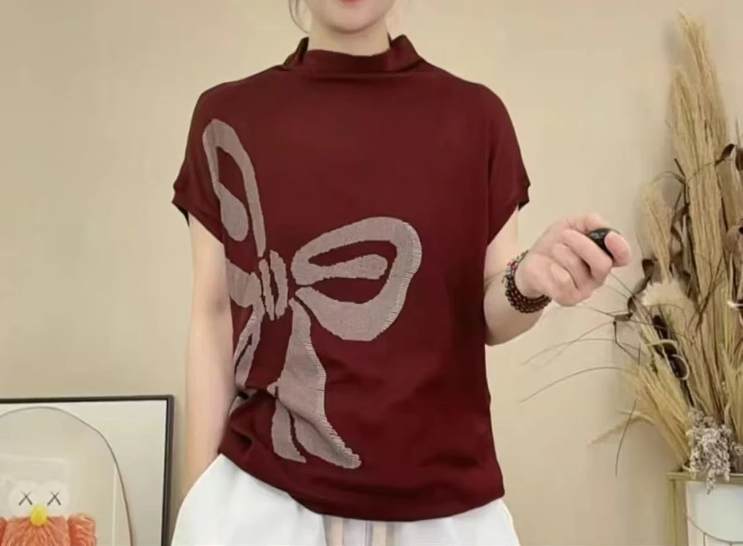 蝴蝶结T恤短袖常规款有弹力25185