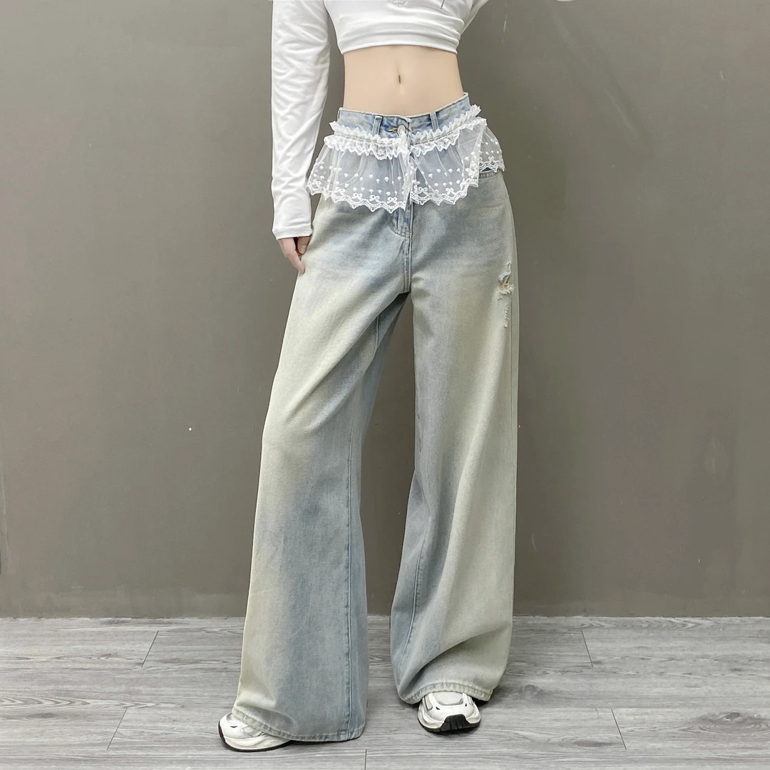 2025春季新款复古个性蕾丝拼接破洞水洗浅色牛仔裤女直筒阔腿长裤