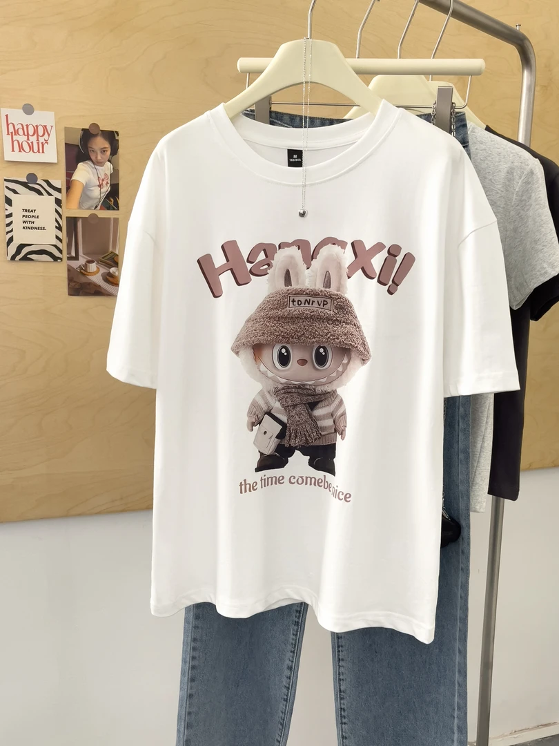 时尚显瘦T恤白色印花中长款韩版短袖免烫上衣夏季纯棉休闲百搭