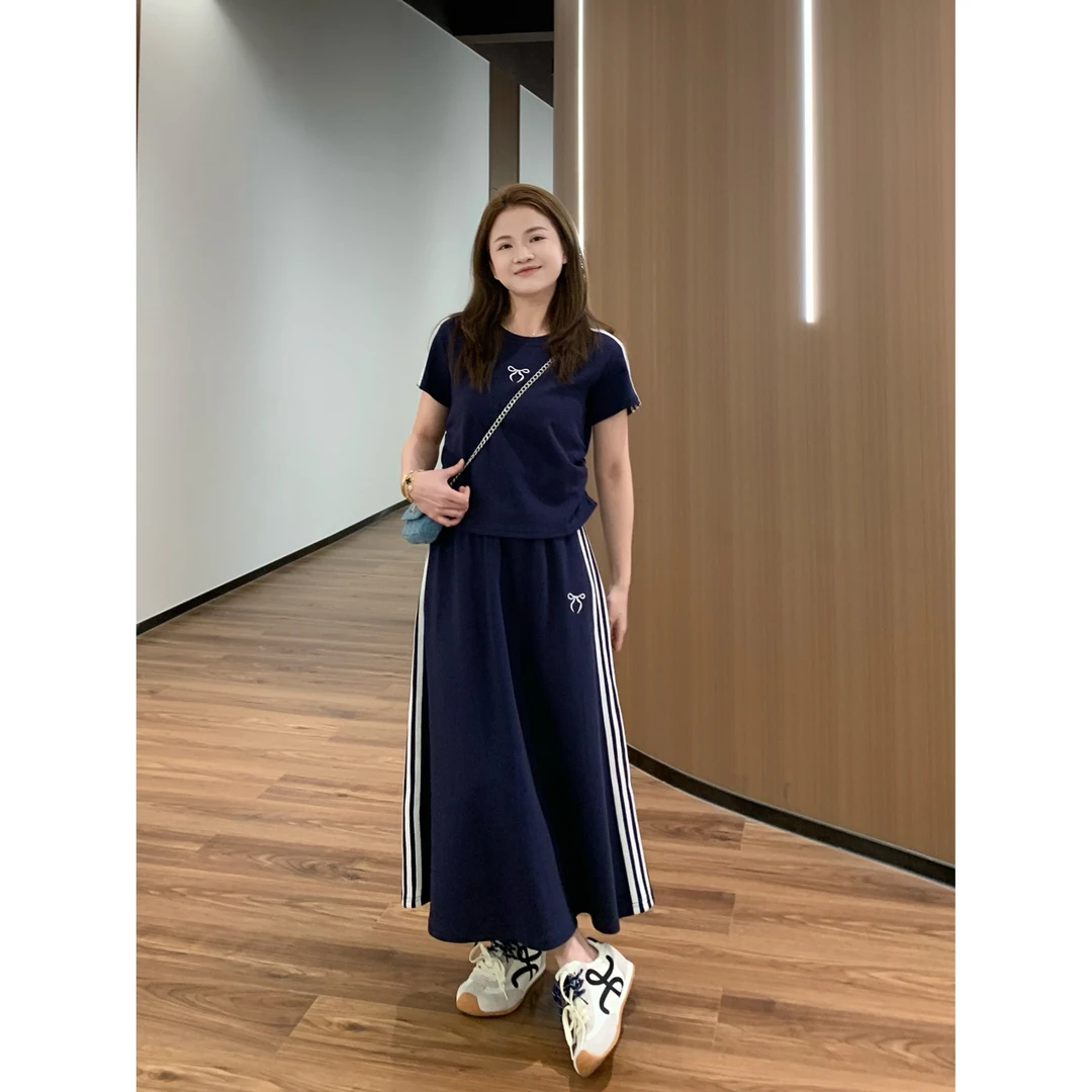 YO定制韩系休闲套装小个子显白蝴蝶结短袖T恤松紧腰半身裙两件套