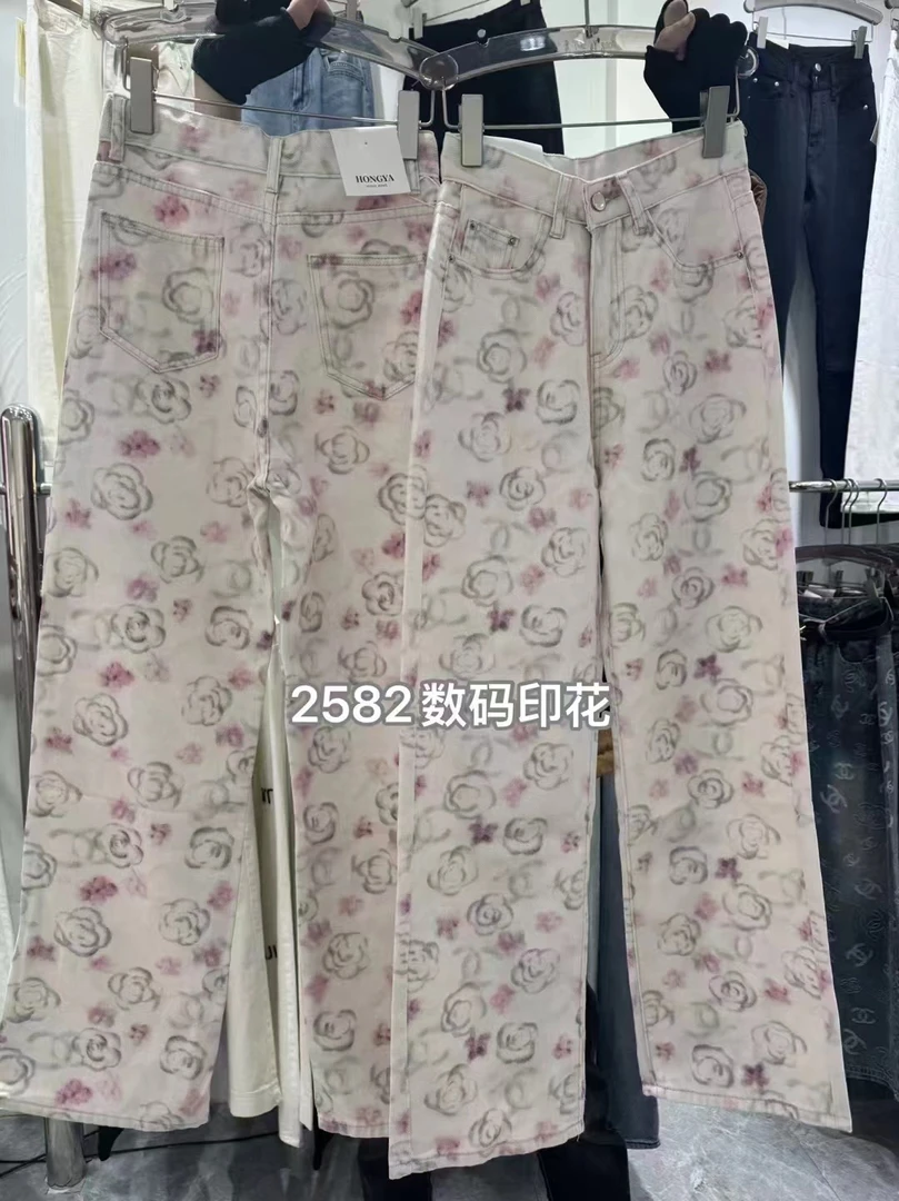 潮牌女装夏季透气满印女款时尚休闲阔腿直筒裤