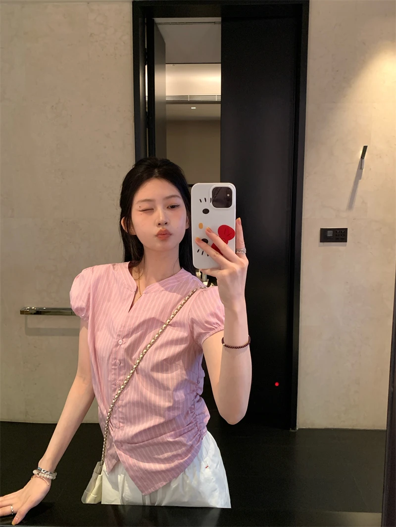 【OPENING自制】甜氧少女感 简约条纹捏褶收腰短袖衬衫