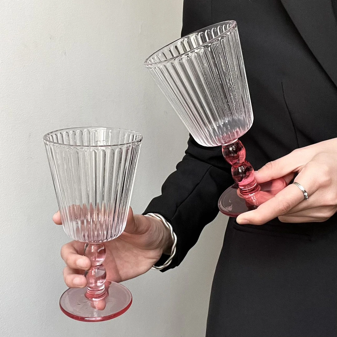 【两只装】浮雕简约法式高脚杯水杯冷饮杯香槟饮料杯便携粉嫩少女心