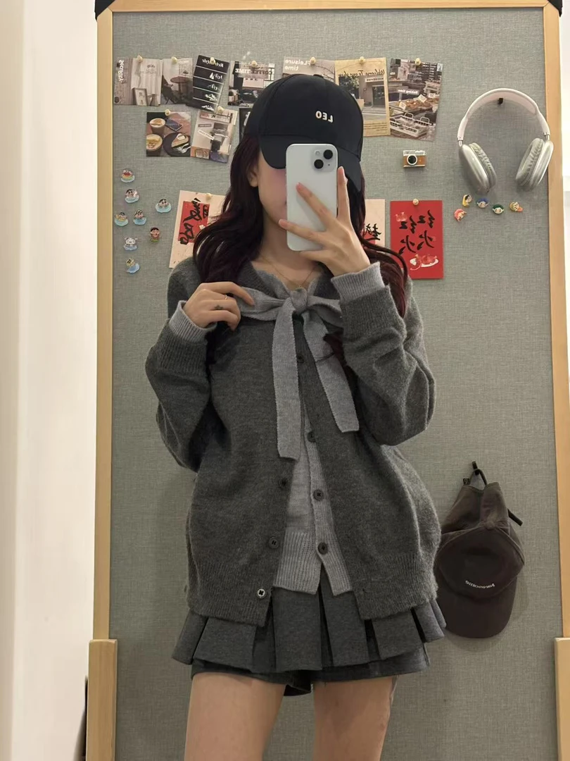 韩系学院风假两件灰色绑带针织开衫女春秋宽松慵懒风软糯毛衣外套