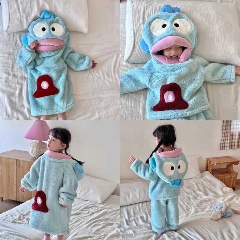 女大童加绒加厚家居服大头丑鱼儿童连体睡衣男孩秋冬季珊瑚绒加厚