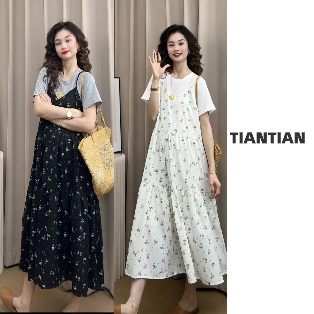 【恬恬】2025夏季【夏至未至】韩版拼接冰凉假两件套连衣裙#7845