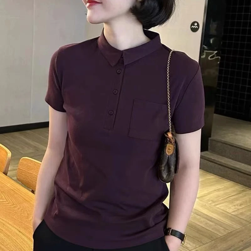 大码翻领短袖t恤女气质纯棉2025夏季宽松妈妈显瘦百搭口袋polo衫