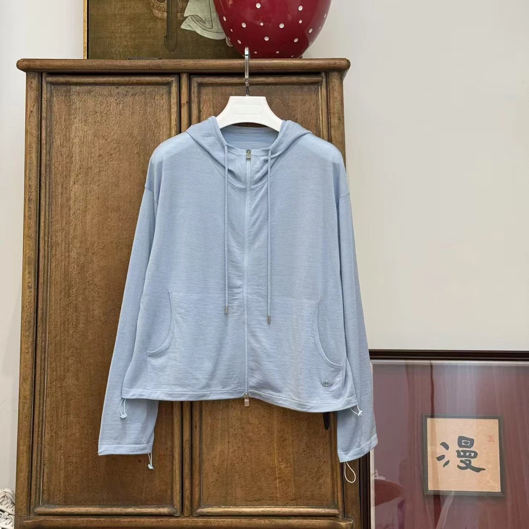 MYL2025春夏新款美丽诺羊毛浅蓝针织开衫连帽微透抽绳针织衫